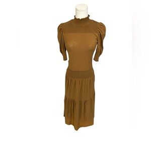 Nation LTD Fabiana Dress Tan Camel Smocked Midi Short Sleeve Pima Cotton Sz XS